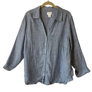 Sigrid Olsen Women 1X Blue Linen Roll Tab Sleeve Button Down Shirt Top coastal